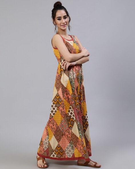 Brown Art Silk Botanical Print Sleeveless Dress with Belt at Soch