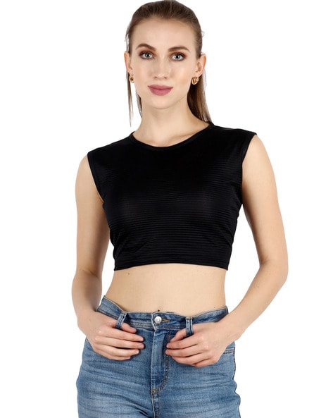 Buy Popwings Casual Sleeveless Black Crop Top for Women ! Black