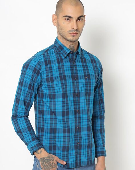 Checked Spread-Collar Shirt with Patch Pocket