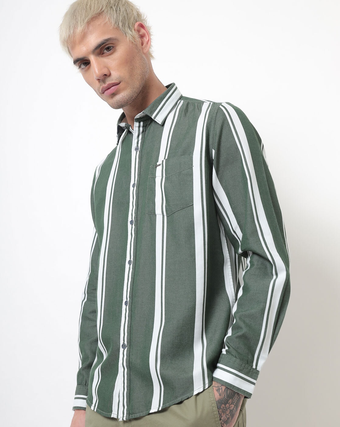 olive green and white striped shirt