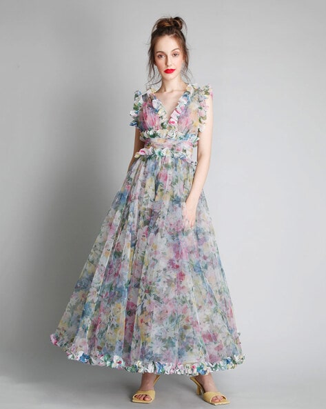 Multi Floral Plisse Bandeau Cowl Back Maxi Dress | PrettyLittleThing USA