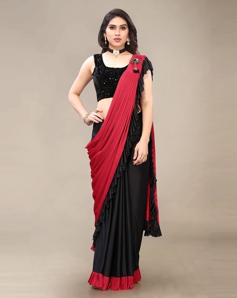 Solid/Plain Handloom Cotton Silk Plain Saree With Red Border For Women ( Black,Red) | Plain Black Saree | Silk Saree | Saree for Women | Saree