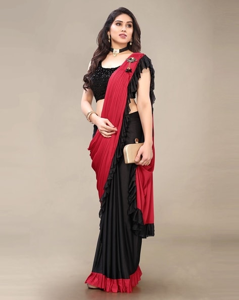 Buy Scakhi Red Lycra Ready To Wear Pre Draped Cocktail Sequinned Saree with  Stitched Blouse online