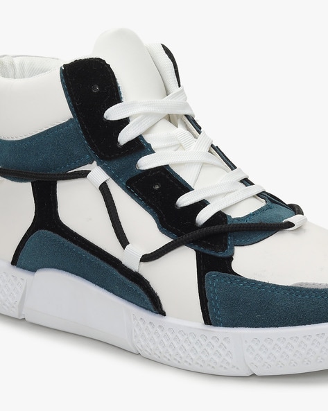 High Top Blue White Spike Toe Lace Up Casual Style Men Sneaker – FanFreakz