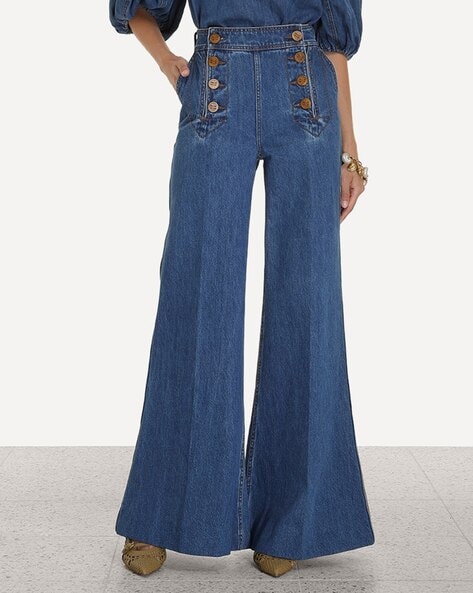 Get Double Button Waist Detail Fringed Wide Legged Jeans at  1409  LBB  Shop