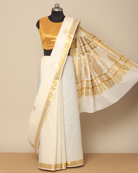 APARNA, ELEGANT HAND BLOCK PRINTED KERALA COTTON SAREE WITH GOLD ZARI –  www.soosi.co.in