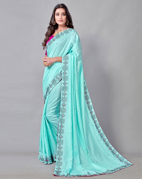 Buy Aqua Blue Chiffon Lace Classic Saree Online : Malaysia -