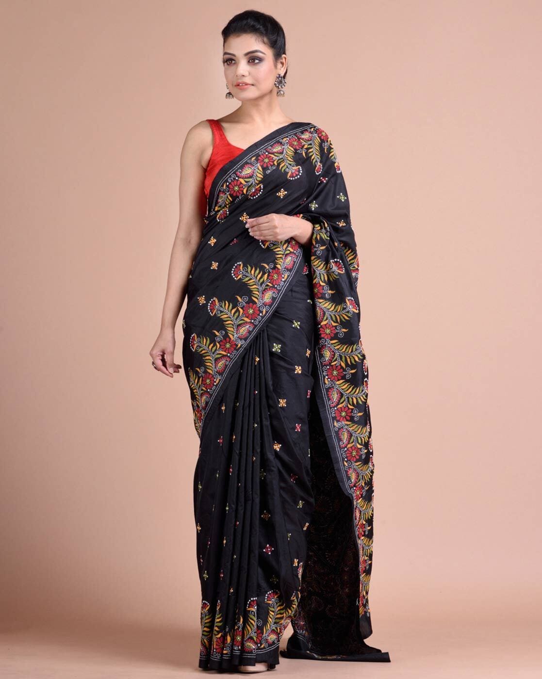 Zardozi Red Black Kantha Stitch Silk Saree, 5.2 m (separate blouse piece)  at best price in Bengaluru