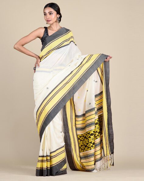 Dark beige handloom cotton saree with hand painted madhubani pallu & b –  Sujatra