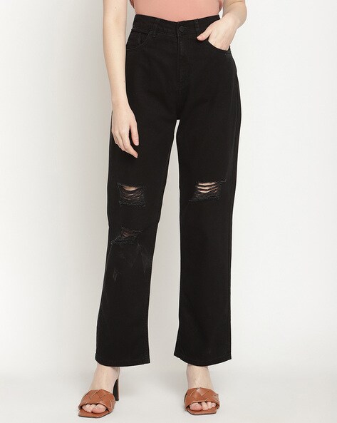 Buy SOLID HIGH-RISE BLACK STRAIGHT JEANS for Women Online in India