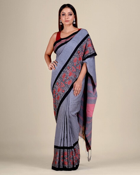 Black Handwoven Pure Cotton Jamdani Saree with Handloom Mark - kashtii.in