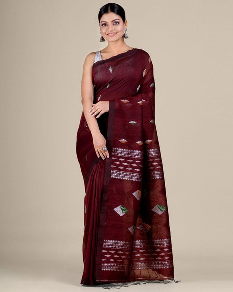 Handwoven Pure Linen saree in organic natural dark blackish Indigo colour -  Ecommerce