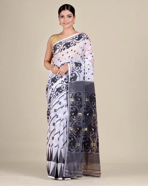 Buy Pinkloom White Cotton Woven Dhakai Jamdani Saree for Women Online @  Tata CLiQ