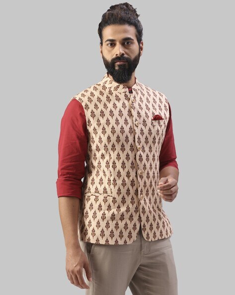 Buy Ethnix By Raymond Ethnix by Raymond Men Beige & Gold-Toned Woven Design Nehru  Jacket at Redfynd