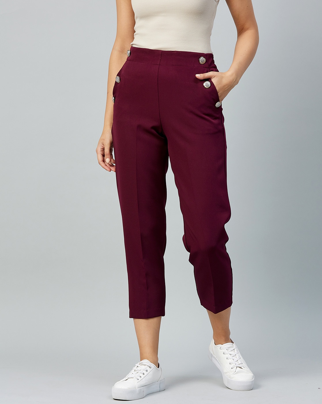 Wide Leg Trousers, Ladies Wine Red High Waist Trousers Double-Breasted Back  Zipper Slim Fit Sexy Straight Pants Spring Autumn Baggy Wide Leg Trousers  Flared Pants For Women Office Leisure Beach Part :