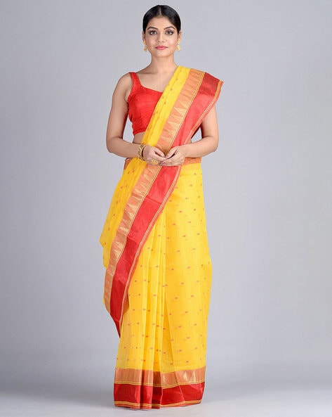 Tri Flower Designer Yellow & Red Traditional Tant Pure Handloom Cotton Saree