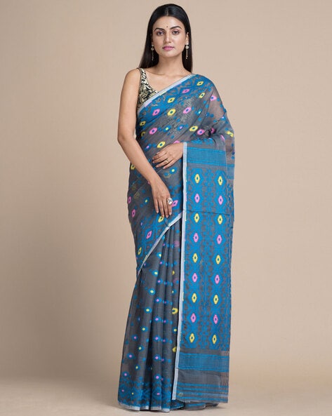 Blue Block Printed Pure Silk Mark Certified Bishnupuri Silk Sarees Get | Cotton  saree designs, Silk sarees online, Saree