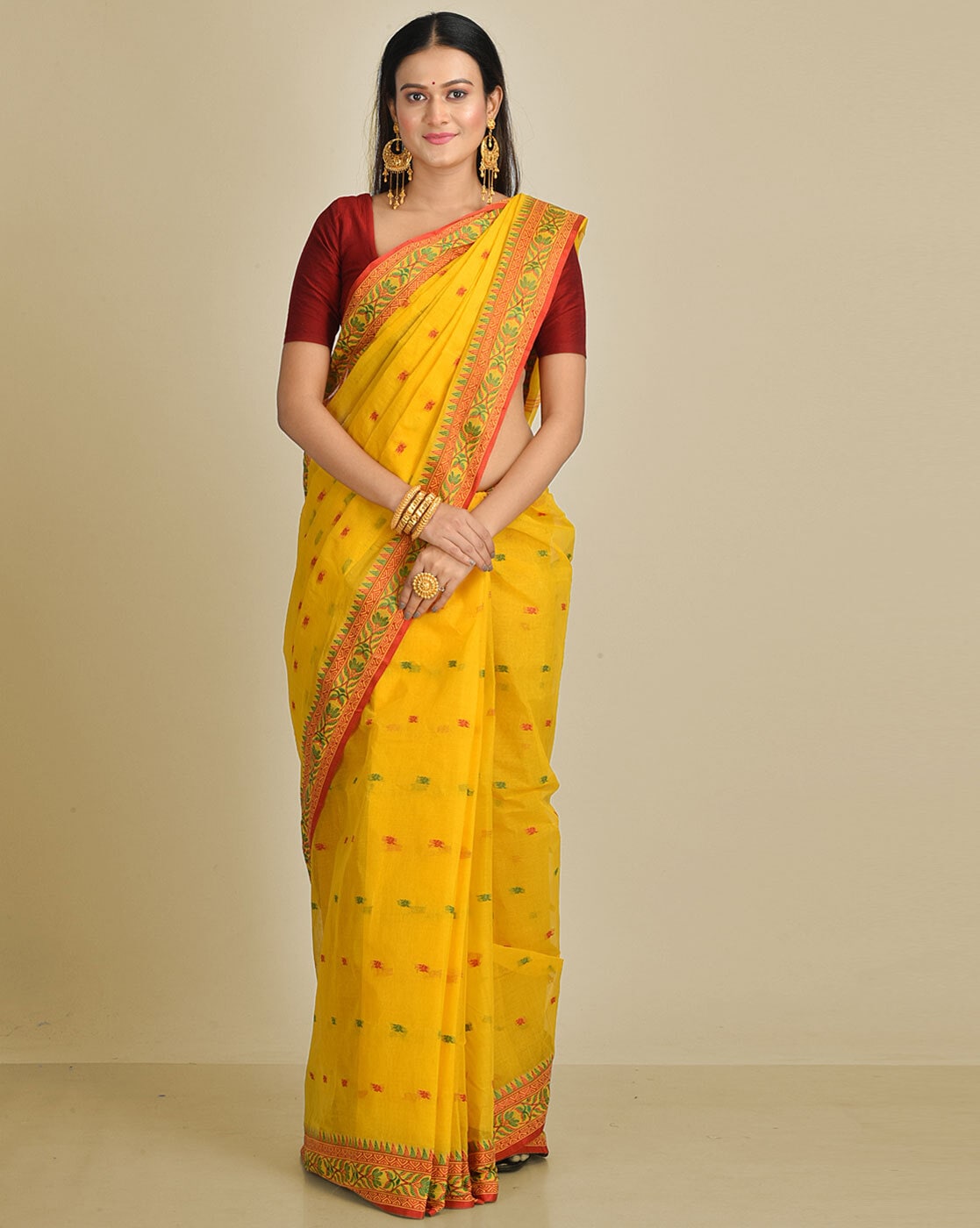 Handloom Cotton Tant Saree in Yellow : SRGA1756