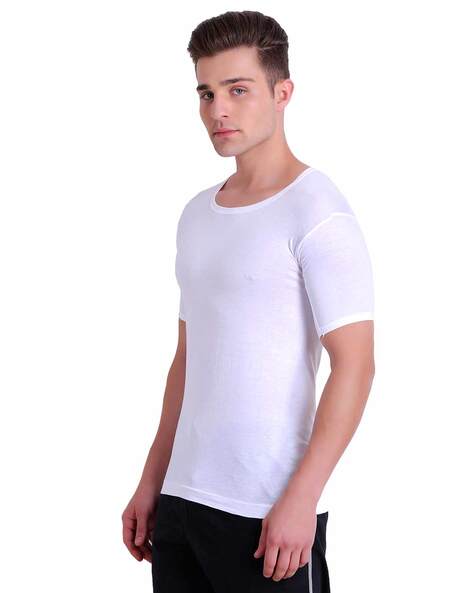 Lux Cozi Men's White Round Neck Half Sleeves Cotton Vest (Pack of 3)