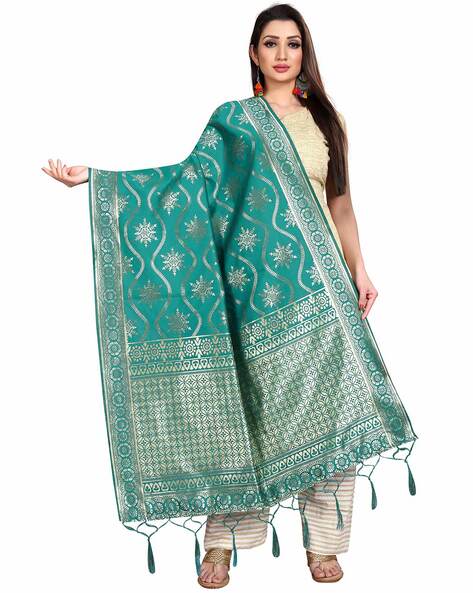 Floral Pattern Banarasi Silk Dupatta with Tassels Price in India