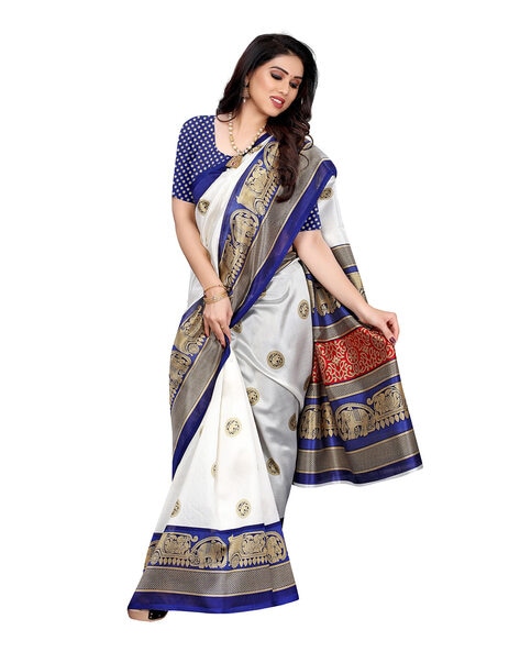 Buy White & Blue Sarees for Women by PISARA Online | Ajio.com