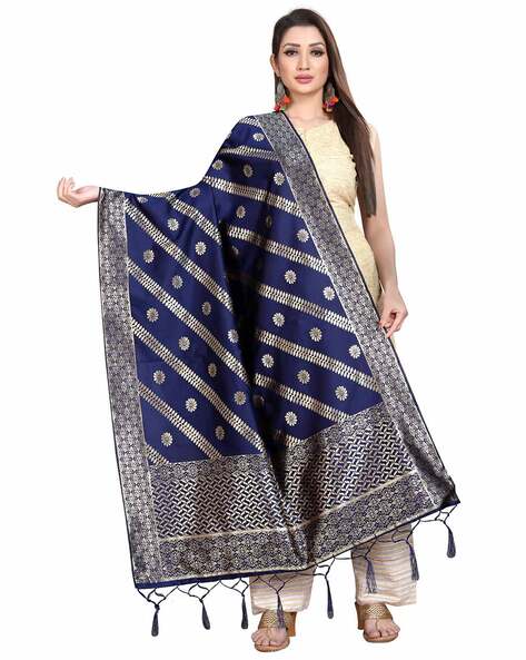 Striped Pattern Banarasi Silk Dupatta with Tassels Price in India