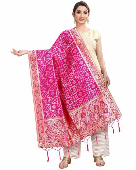 Checked Banarasi Silk Dupatta with Tassels Price in India