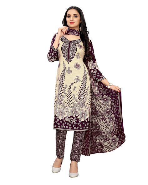 V-neck Floral Print Unstitched Dress Material Price in India