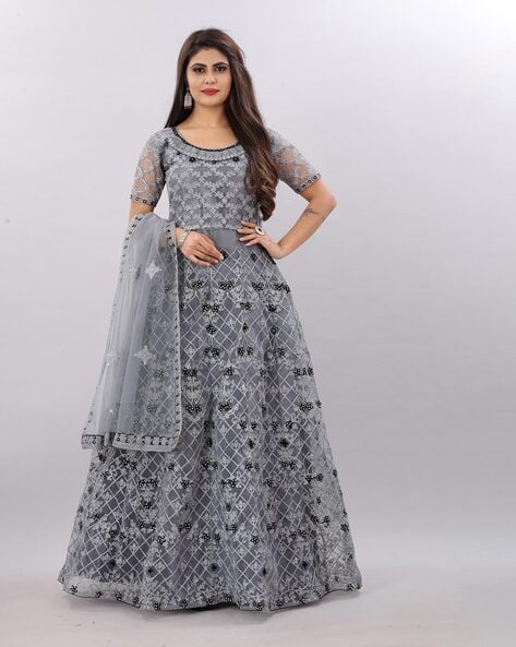 Georgette Embroidered Grey Gown Dress with Dupatta - GW0500