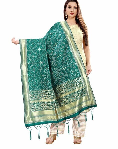Aztec Pattern Banarasi Silk Dupatta with Tassels Price in India