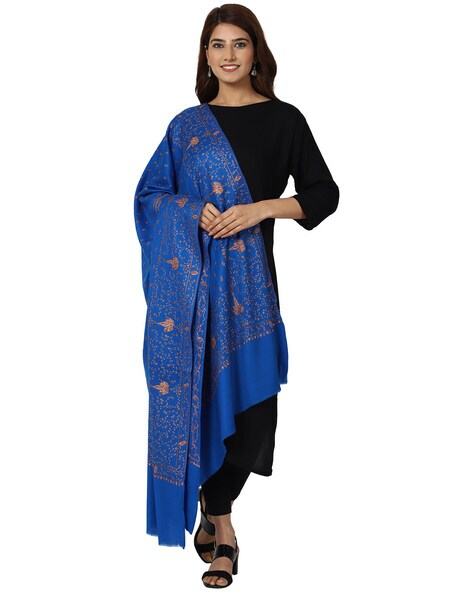 Hand Embroidered Wool Shawl with Frayed Hem Price in India