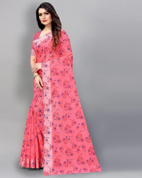 Party Wear Cotton Saree Dress Blouse Satin Patta Border Designer Printed Sari SS