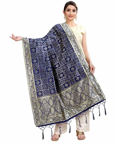 Checked Banarasi Silk Dupatta with Tassels Price in India