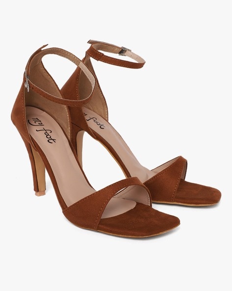 Brown Textured Block Heels Sandals With Ankel Strap | SHV-NV-12 | Cilory.com
