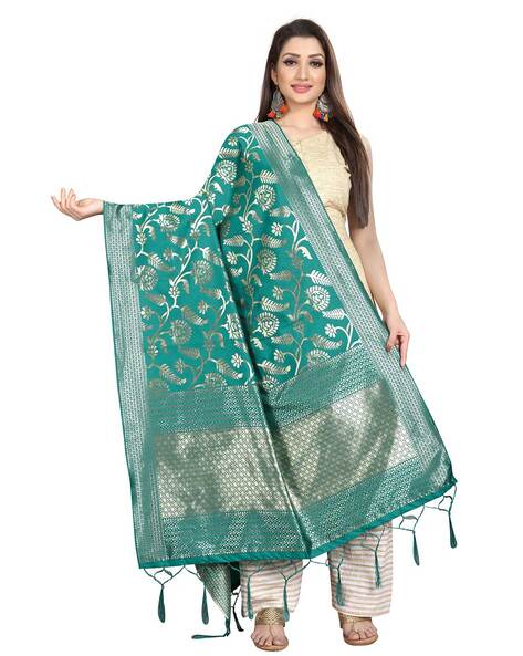 Floral Pattern Banarasi Silk Dupatta with Tassels Price in India
