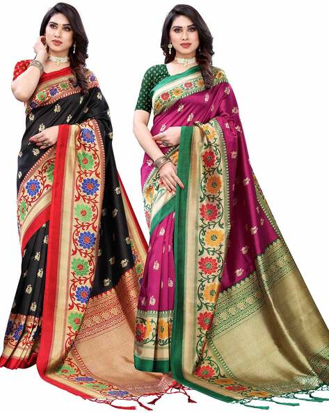 Banarasee Cotton Silk Mix Saree With Zari Paisley Buta-Black