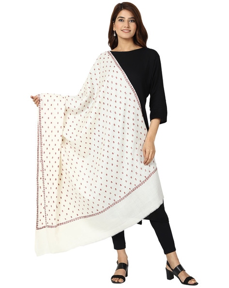 Floral Embroidered Wool Shawl with Frayed Hem Price in India