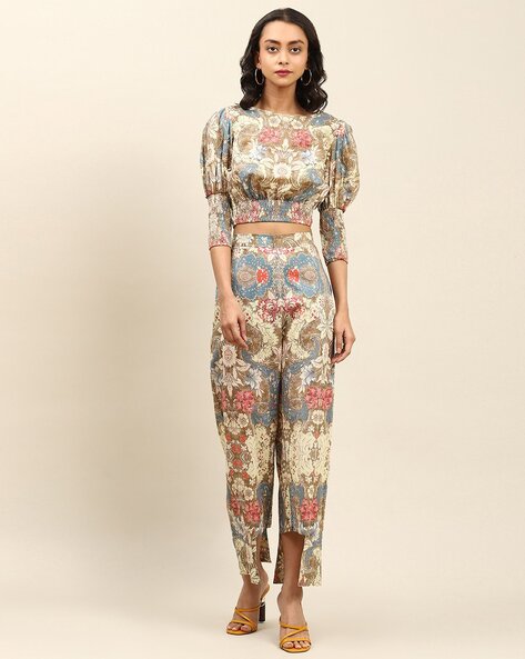 Royal blue printed top with pants  set of two by Suramya  The Secret Label