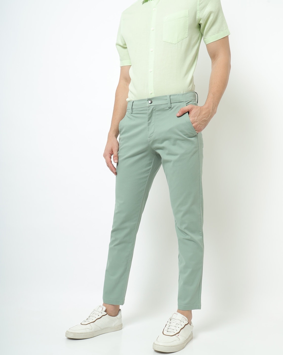 Polyester Regular Fit Men Light Green Lycra Blend Trousers