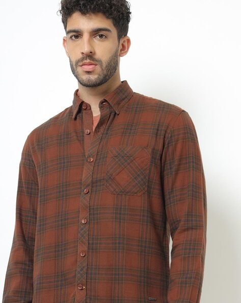 JOHN PLAYERS JEANS Checked Slim Fit Shirt with Patch Pocket - www ...