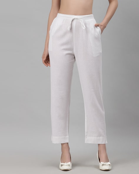 Buy White Linen Striped Drawstring Trousers Online  FableStreet