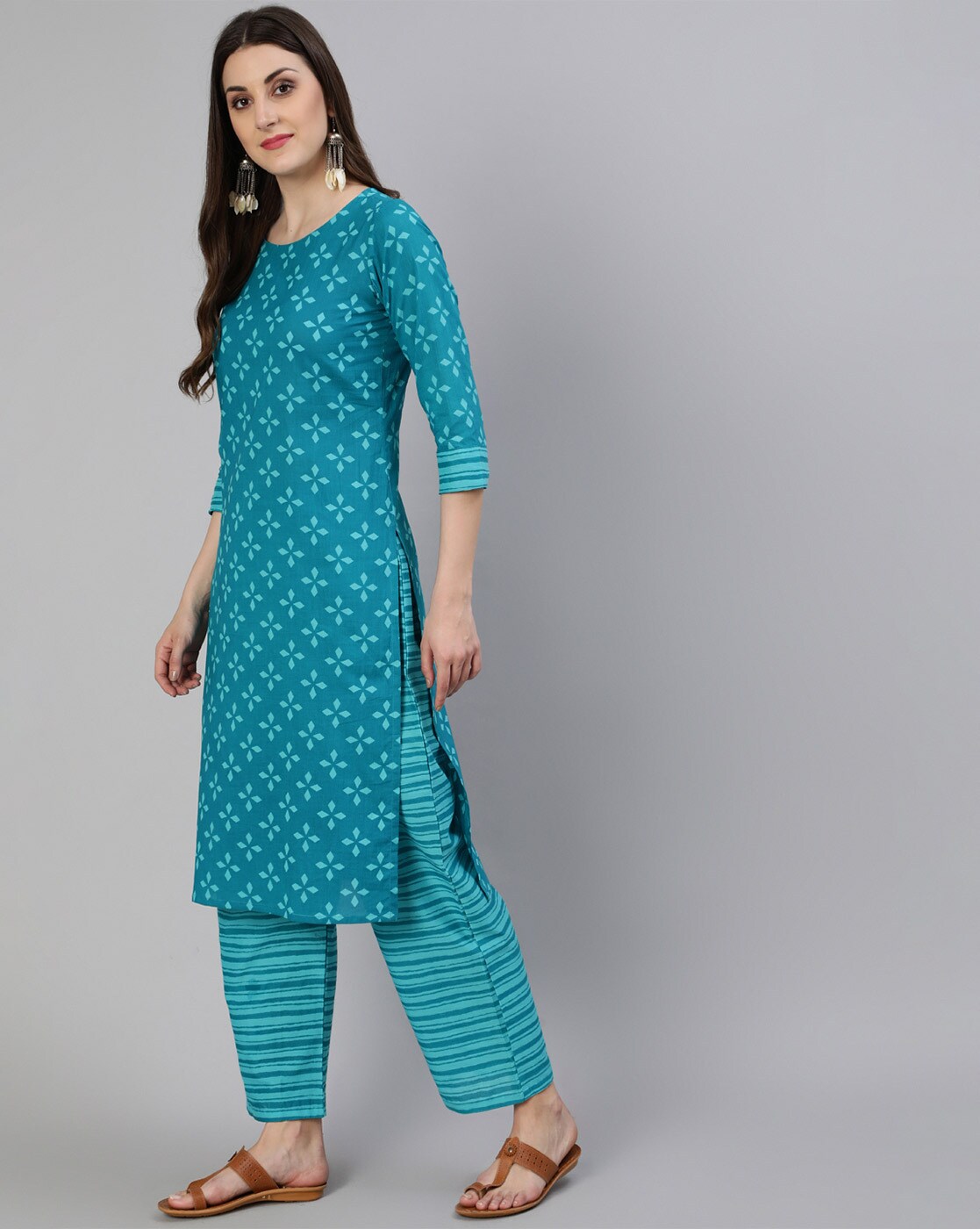 geometric print straight kurta set