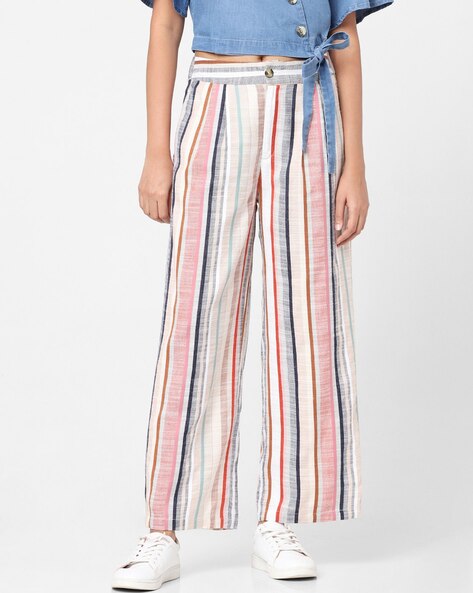 Multi-coloured striped linen trousers