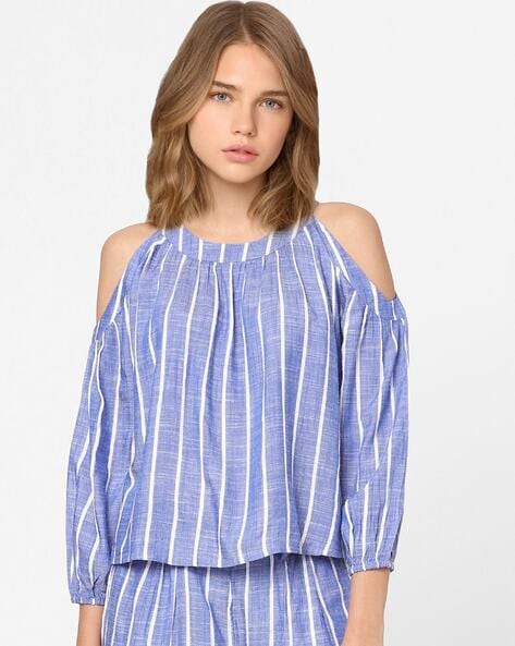 Blue and white cold shoulder outlet top