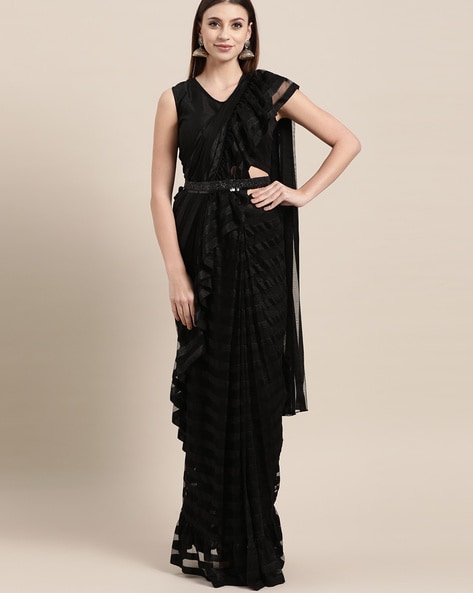 Black Double Ruffle Saree – Neha Mehra