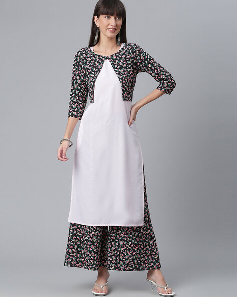Buy Jaipur Kurti Women Navy Blue Ethnic Pirnt Straight Cotton Short Kurta  With Pyjamas Online