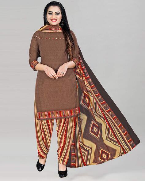 3-piece Geometric Print Unstitched Dress Material with Dupatta Price in India