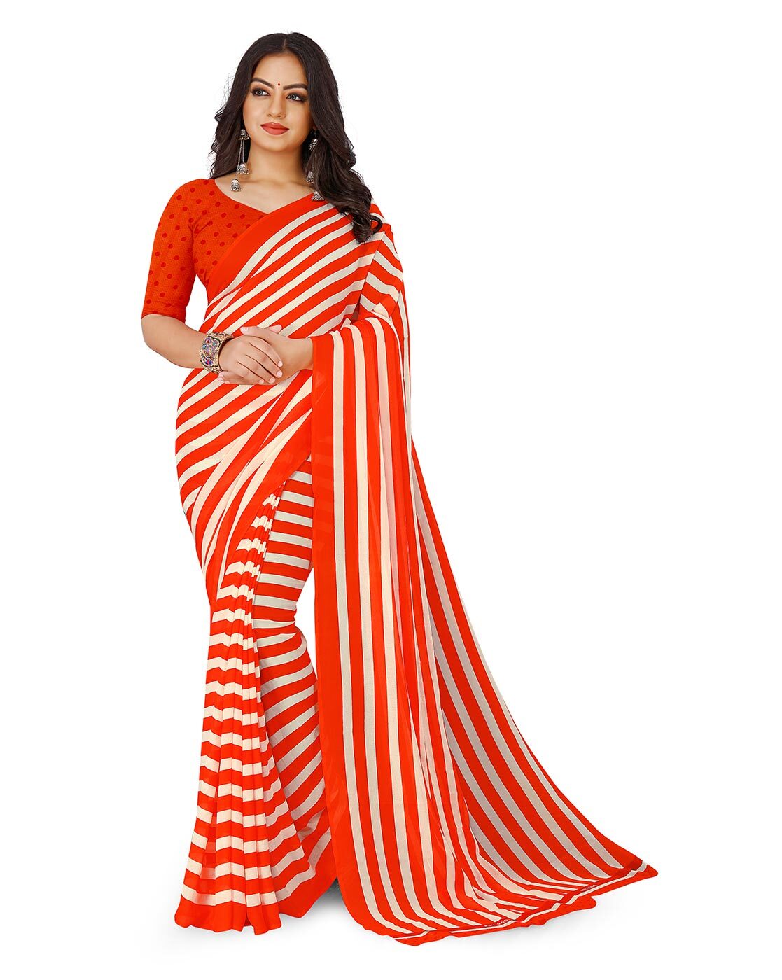 red and white striped saree online