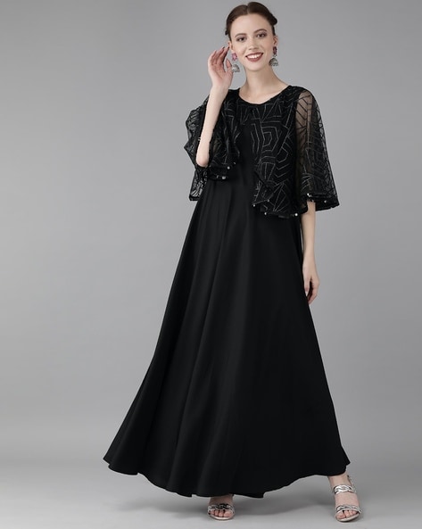 Navy Beaded Sequin Lace Cape Sleeve Evening Gown - Formal Gown – SleekTrends