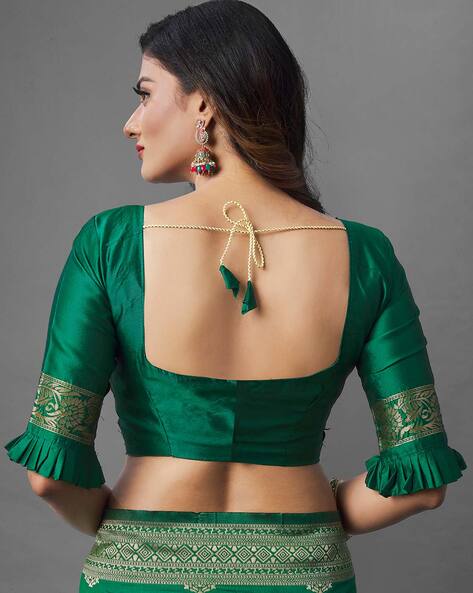 Shop Pure Zari Banarasi Handloom Silk Green Saree Blouse Design Online –  Sunasa